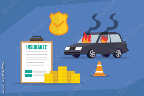 Car Insurance Claim Process after an Accident or Fire 2d isometric vector illustration