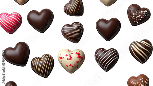 Heart shaped chocolate candies assorted and isolated on white background