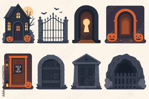 Set of Halloween Entrances Vector – Haunted Door, Creaky Gate, Pumpkin Porch