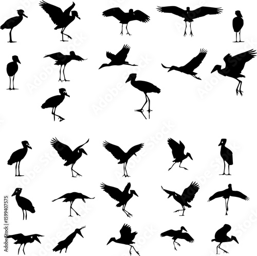A collection of heron silhouettes in various poses, including standing, flying, landing, and preening.