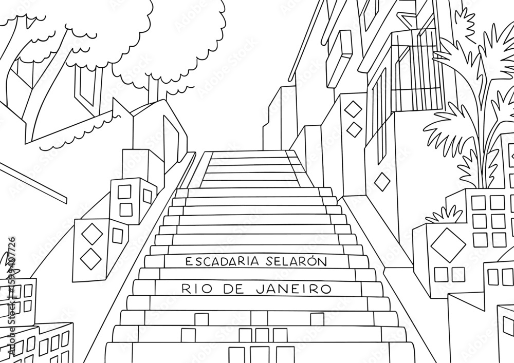 Steps rio de janeiro brazil famous landmark travel destination, coloring page