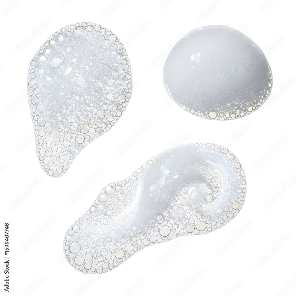 Obraz premium Three blobs of white bubbly foam are isolated on a transparent background showcasing a clean and fresh texture