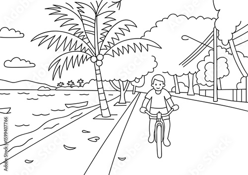 Man biking on beach road enjoying summer vacation travel destination, ilha de paqueta, coloring page