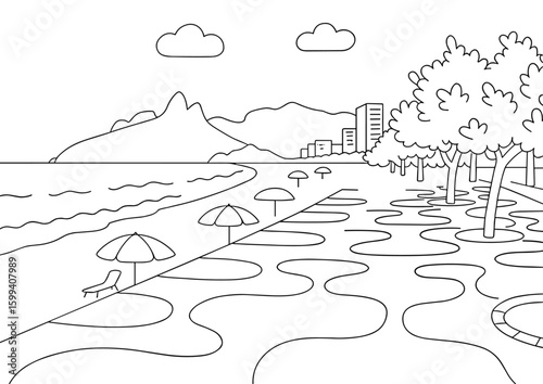 Rio de janeiro brazil ipanema beach cityscape summer travel destination, coloring page
