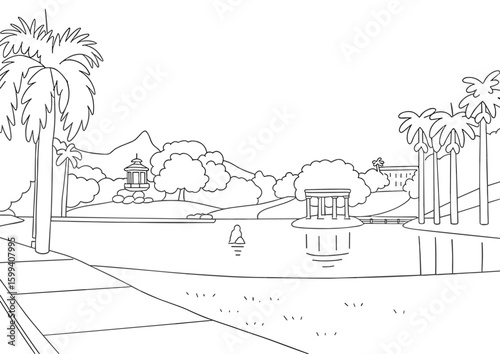 Beautiful park landscape with lake and palm trees in rio de janeiro, quinta da boa vista, coloring page