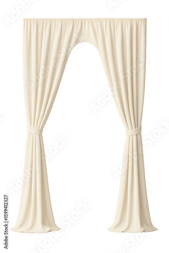 Cream-colored curtains are draped in an archway shape, tied back on each side, against a white background.