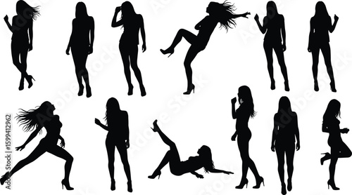 Elegant women silhouette performing dance and fashion poses, black vector illustration, high heels, stylish movement, artistic expression, female 