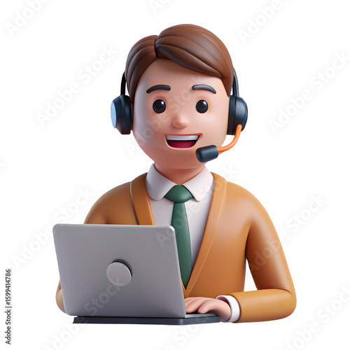 Friendly 3d cartoon man with headset and laptop