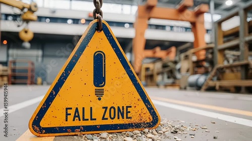 Fall zone warning sign hanging in industrial factory area for safety caution