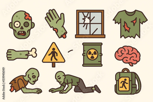 Zombie Icons Vector Set – Head, Bitten Hand, Toxic Barrel, Severed Arm, Brain