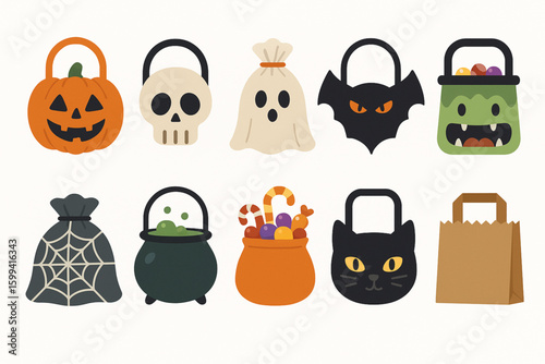 Set of Halloween treat bags flat design vector icons