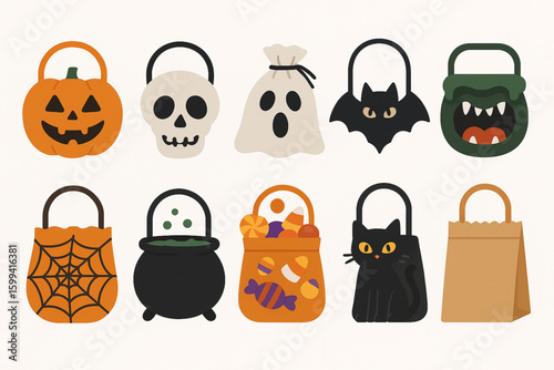 Set of Halloween treat bags flat design vector icons