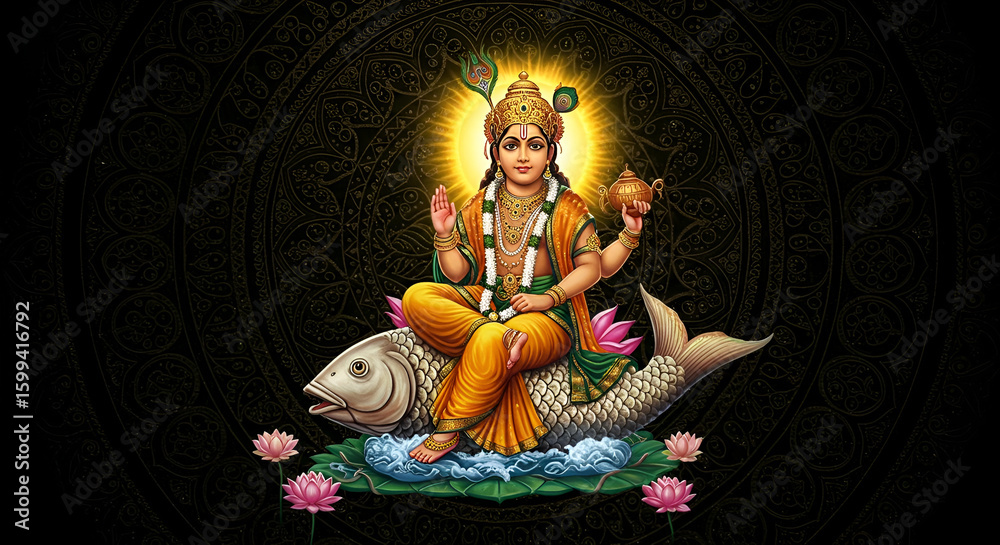 Fototapeta premium Hindu god Vishnu sits atop a fish