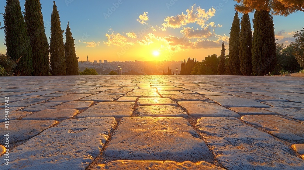 Naklejka premium Jerusalem Sunset: Golden Hour over Ancient City