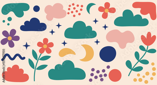 Colorful Nature Inspired Seamless Pattern with Clouds, Flowers, and Celestial Elements