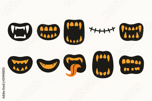 Set of monster mouths flat Halloween vector icons