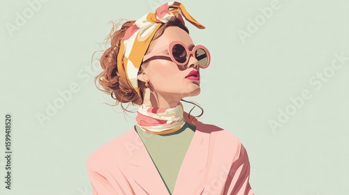 Woman with retro style, headscarf, and sunglasses, posing against a light background