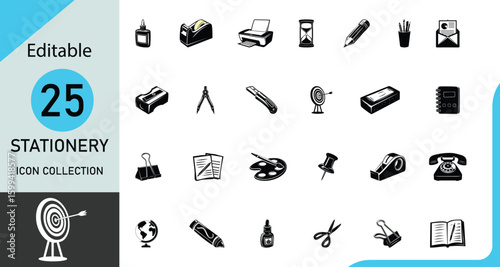 Unique, Clean and variety style Stationery vector icon collection, Editable Stationery vector icon set like compass, crayon, hourglass, globe, notebook, pencil, pencil holder and more