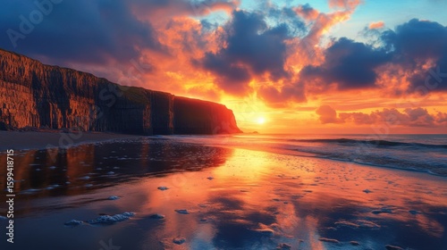 Beautiful sunset over ocean with rocky cliffs and colorful clouds reflecting on wet sandy beach