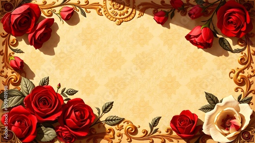 Crimson Roses in Golden Frame: A romantic composition, with red roses blossoming in a gilded frame, their velvety petals creating an elegant and timeless decorative piece.