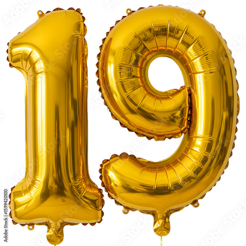 Gold foil balloons shaped as the number nineteen, isolated on a white background.