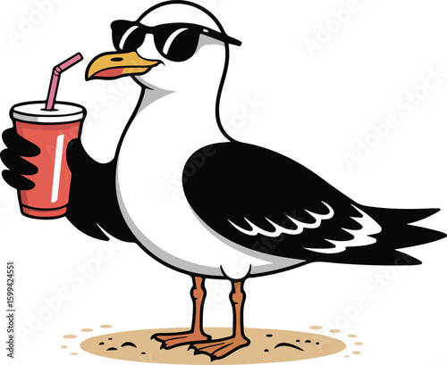 A cool seagull enjoys a refreshing drink on a sunny beach Transparent png vector isolated