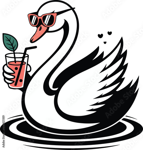 A cool swan enjoying a refreshing drink, wearing sunglasses Transparent png vector isolated