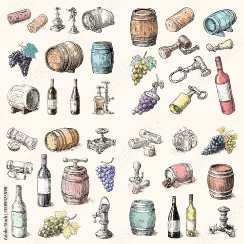 Vintage hand-drawn wine icon set featuring barrels, bottles, corks, corkscrews, and grapes. Perfect for winery branding, wine labels, menus, and sommelier-themed designs.