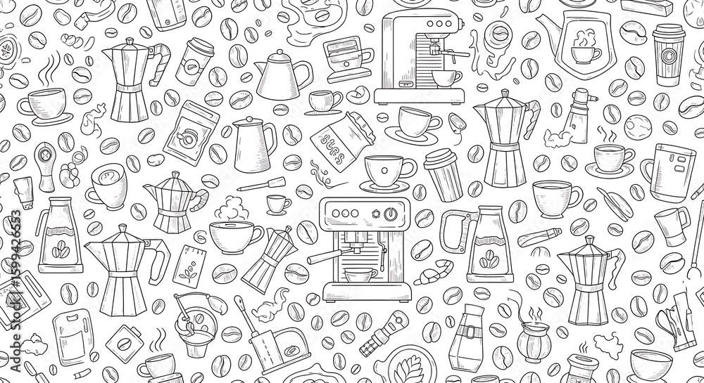 CoffeeThemed Doodle Pattern with Beans Cups Pots and Machines in Black and White. CoffeeThemed Doodle Pattern with Beans Cups Pots and Machines in Black and White.