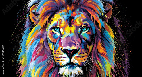 Abstract vibrant lion head artwork with colorful paint splatters and bold strokes on a black background, wild animal art.