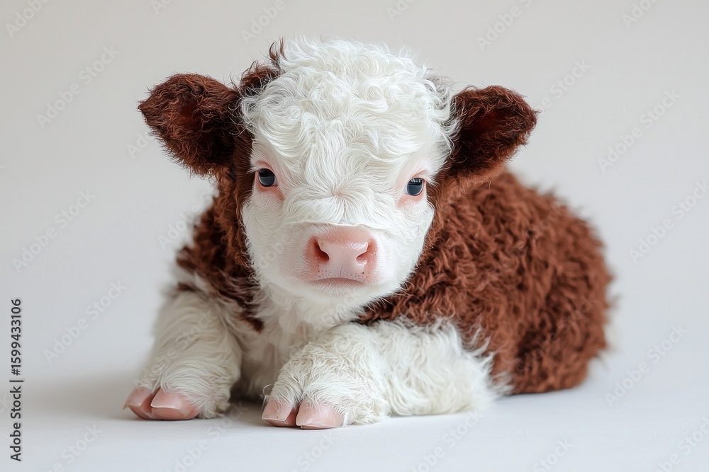 A fluffy, newborn calf, with white and brown fur, lies on a plain background. It has large, blue eyes and a pink nose A fluffy, newborn calf, with white and brown fur, lies on a plain background. It has large, blue eyes and a pink nose