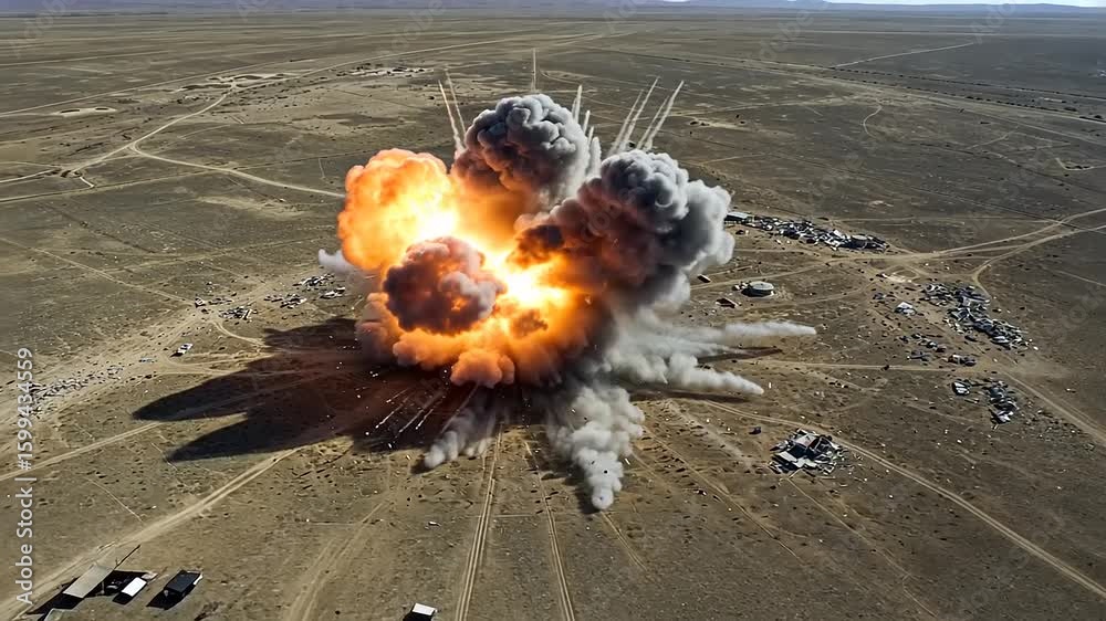 Aerial view of a large explosion in a desert landscape, showcasing fire and smoke with distant structures