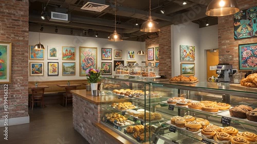 Cozy bakery interior with colorful art and pastries