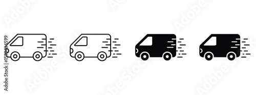 Vector art of a collection of four van icons in various styles symbolizing speedy delivery and efficient transport services