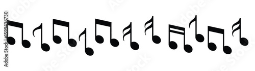 Vector art of a collection of black musical notes are arranged horizontally against a white background