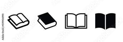 Vector art of four black and white book icons are arranged horizontally illustrating different book perspectives and arrangements against a white background