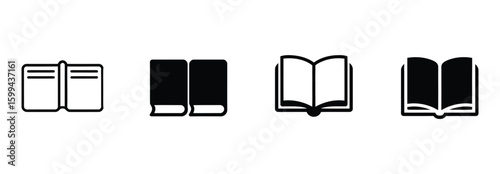 Vector art of four black and white book icons are presented horizontally each depicting a different book arrangement against a white background