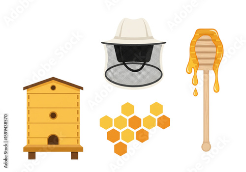 Modern beekeeping vector icon set in flat design style with honey, beehive, and apiary elements