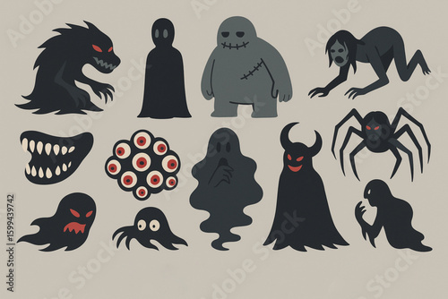 Set of nightmare creatures flat Halloween vector icons