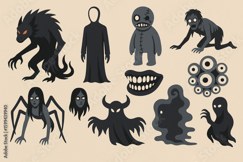 Set of nightmare creatures flat Halloween vector icons