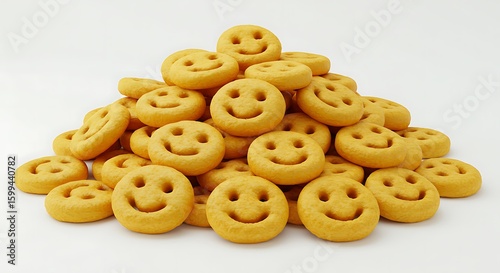 Golden Smiley Faces Pile on White Background Concept