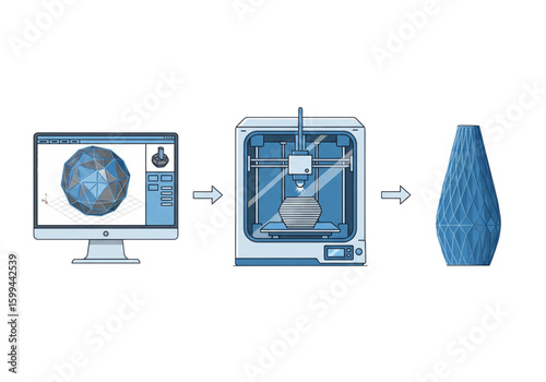 3D Printing Process Vector Illustration - From Digital Model to Physical Object