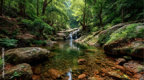 Serene Waterfall in Lush Green Forest