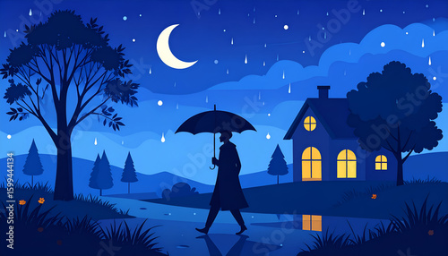 Night rain with person walking home.