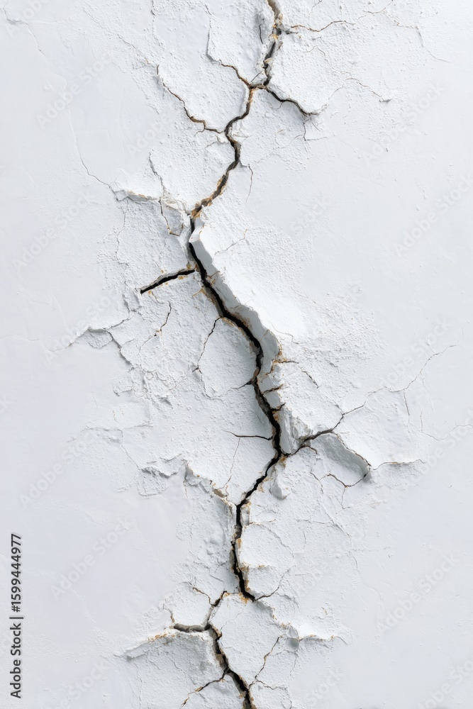 Obraz premium Crack runs vertically through a flaking, rough, and textured white painted surface