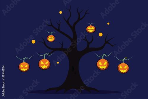 A witchs hat resting on a pumpkin in a field with fall leaves vector illustration
