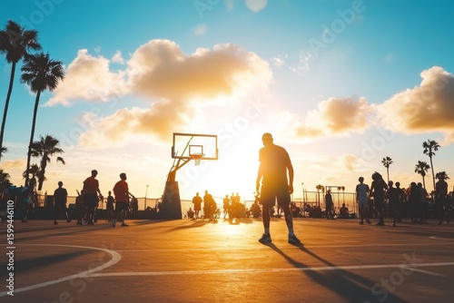 The beauty of beach basketball under a stunning summer sunset.
