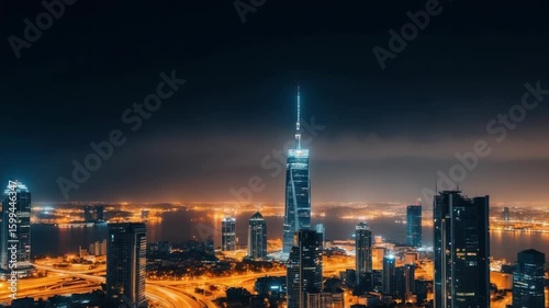 Wallpaper Mural Cityscape at night with illuminated skyscrapers, city lights, and abstract bokeh. Torontodigital.ca