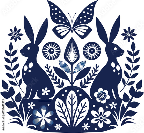 Folk art style illustration of two rabbits surrounded by flowers and a butterfly