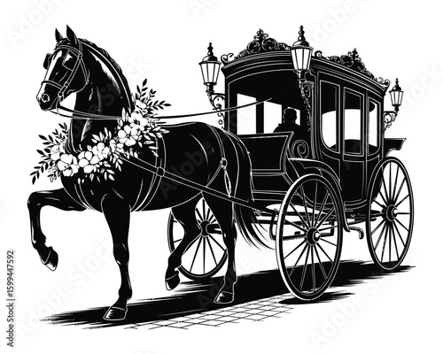 Elegant Victorian Horse-Drawn Carriage in Black and White with Floral Decor and Ornate Details  
